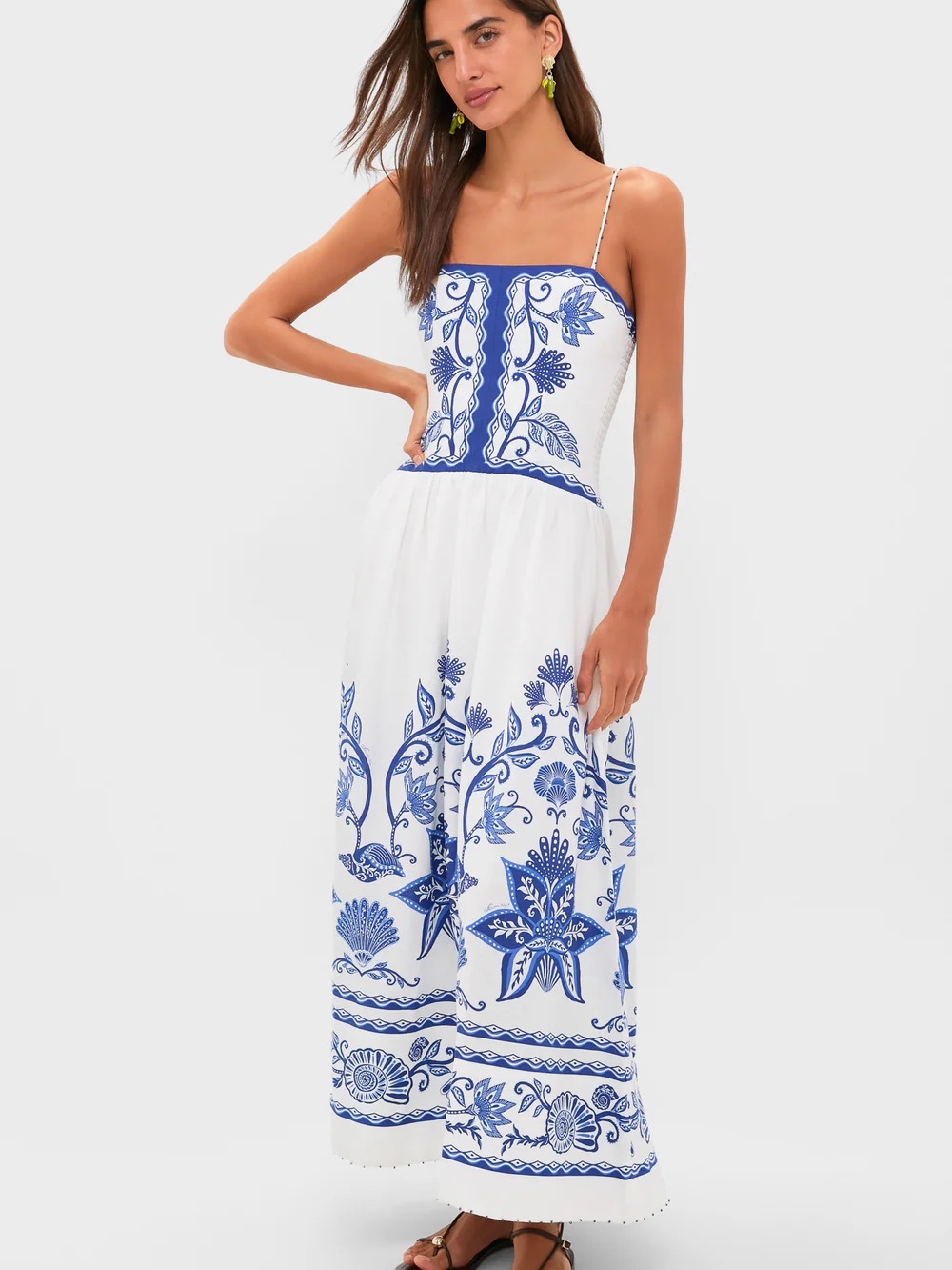 FARM Rio Shell Garden White & Blue Embroidered Sleeveless Maxi Dress